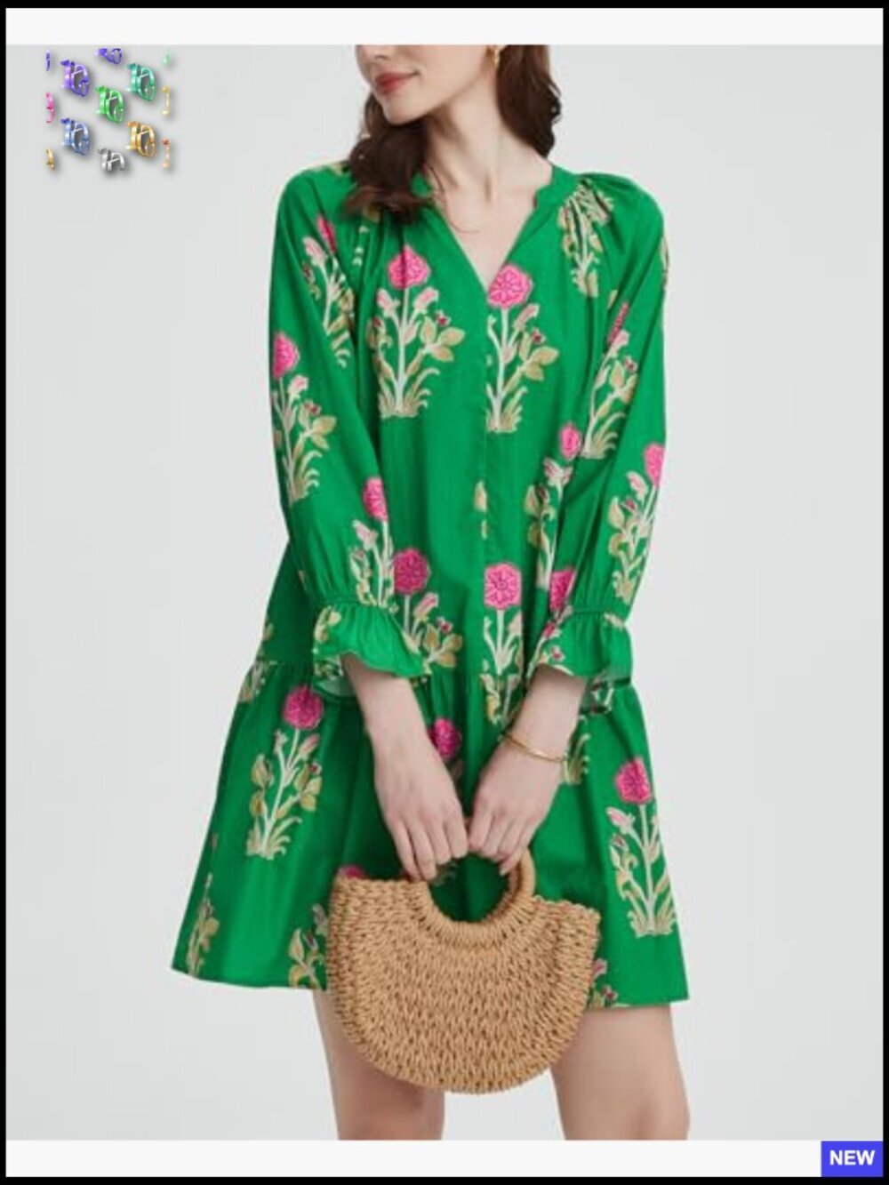 Boho Floral Mini Dress V Neck Puff Sleeve Tiered Ruffle Beach Vacation - Picture 3 of 7